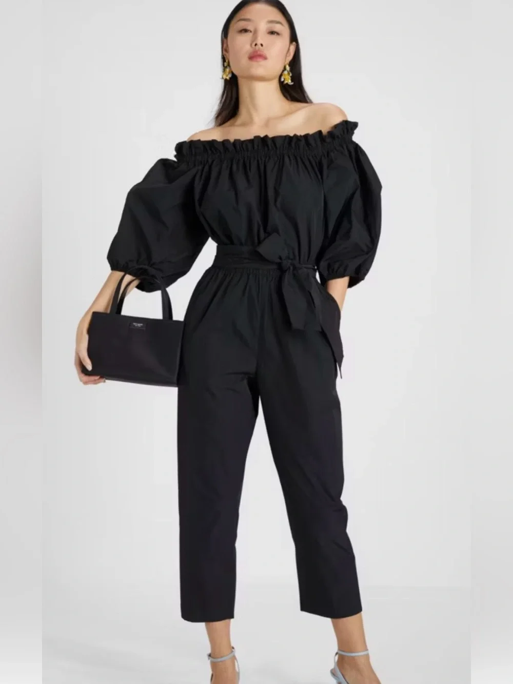 kate spade Taffeta Black Off-Shoulder Puff Sleeve Jumpsuit with Tie Waist